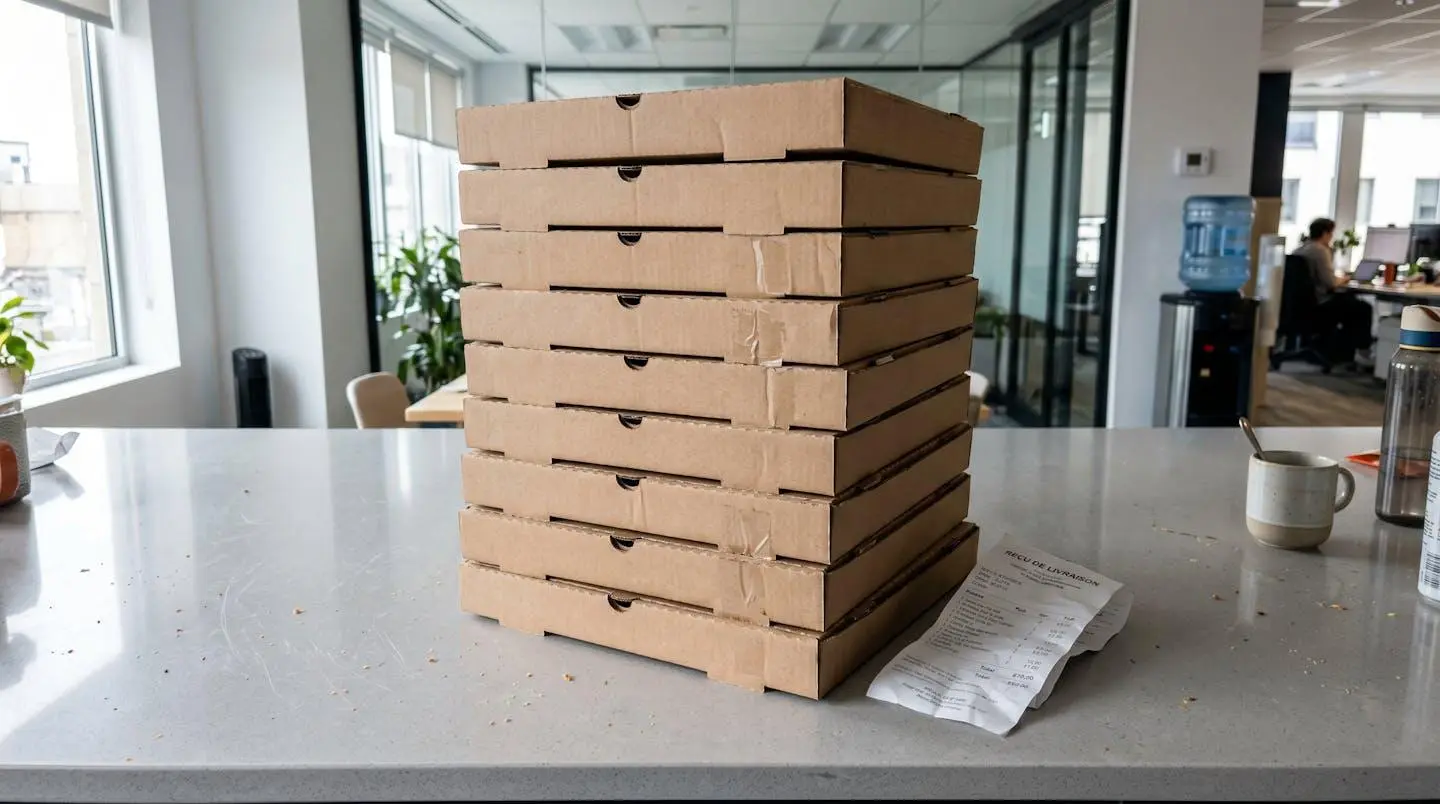Pile de cartons de pizzas livrés avec un bordereau de commande sur un comptoir de bureau