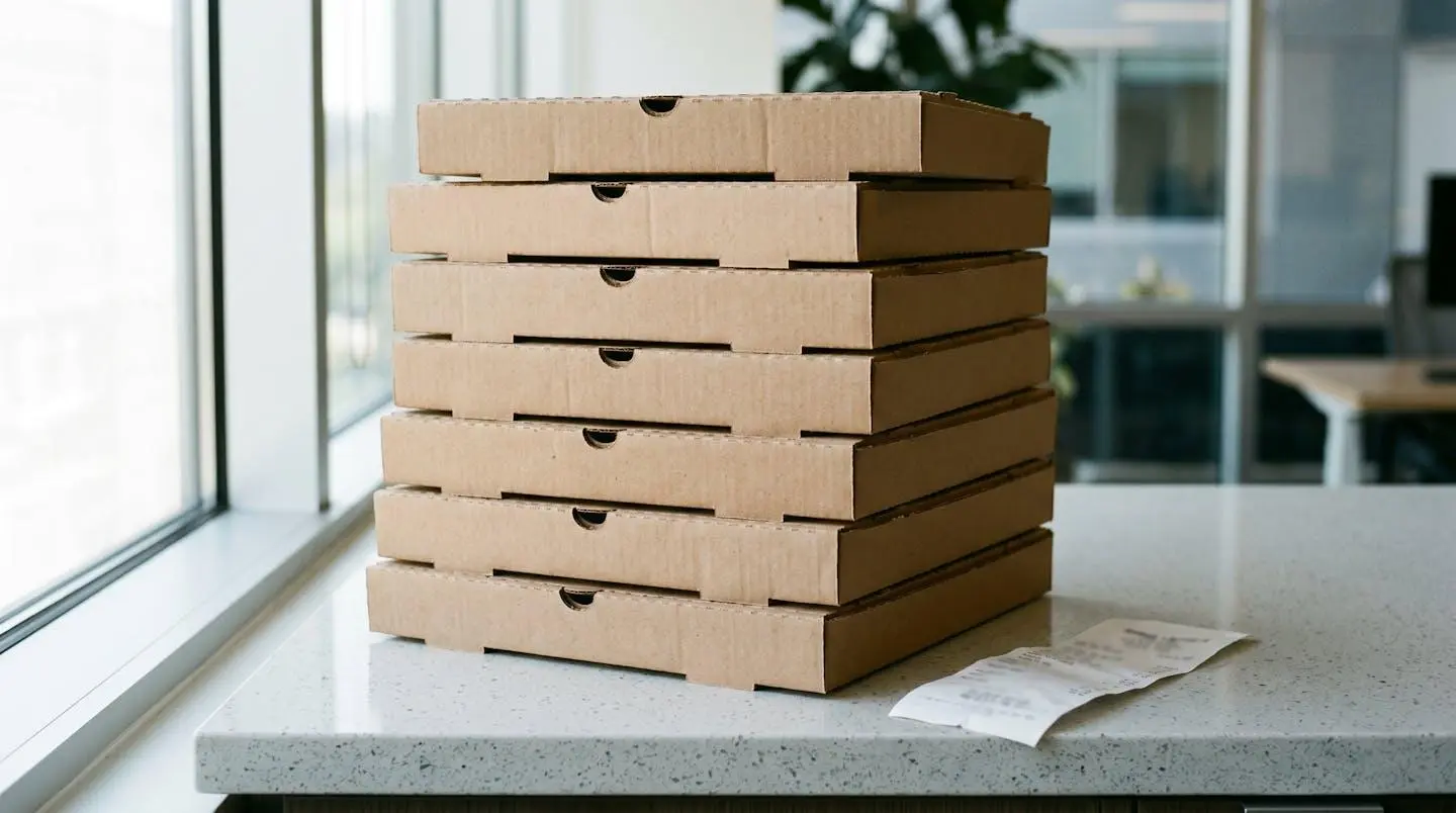 Pile de cartons de pizzas livrés avec un bordereau de commande sur un comptoir de bureau
