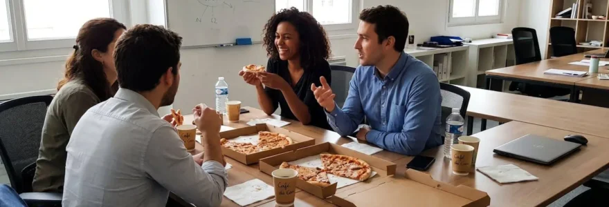 Petite équipe de collègues partageant des pizzas autour d'une table de réunion dans un bureau moderne avec lumière naturelle