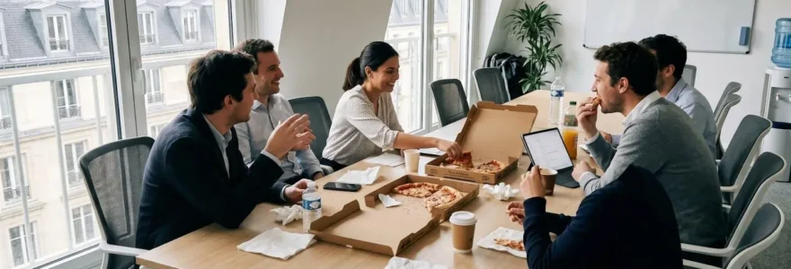 Petite équipe de collègues partageant des pizzas autour d'une table de réunion dans un bureau moderne avec lumière naturelle