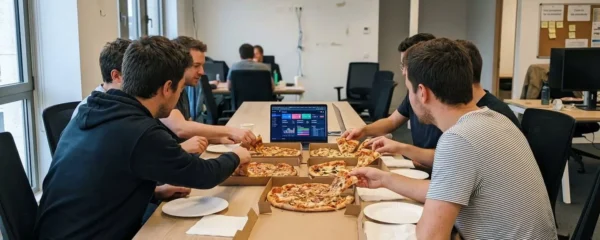 Petite équipe de collègues partageant des pizzas autour d'une table de réunion dans un bureau moderne avec lumière naturelle