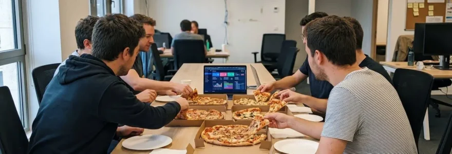 Petite équipe de collègues partageant des pizzas autour d'une table de réunion dans un bureau moderne avec lumière naturelle