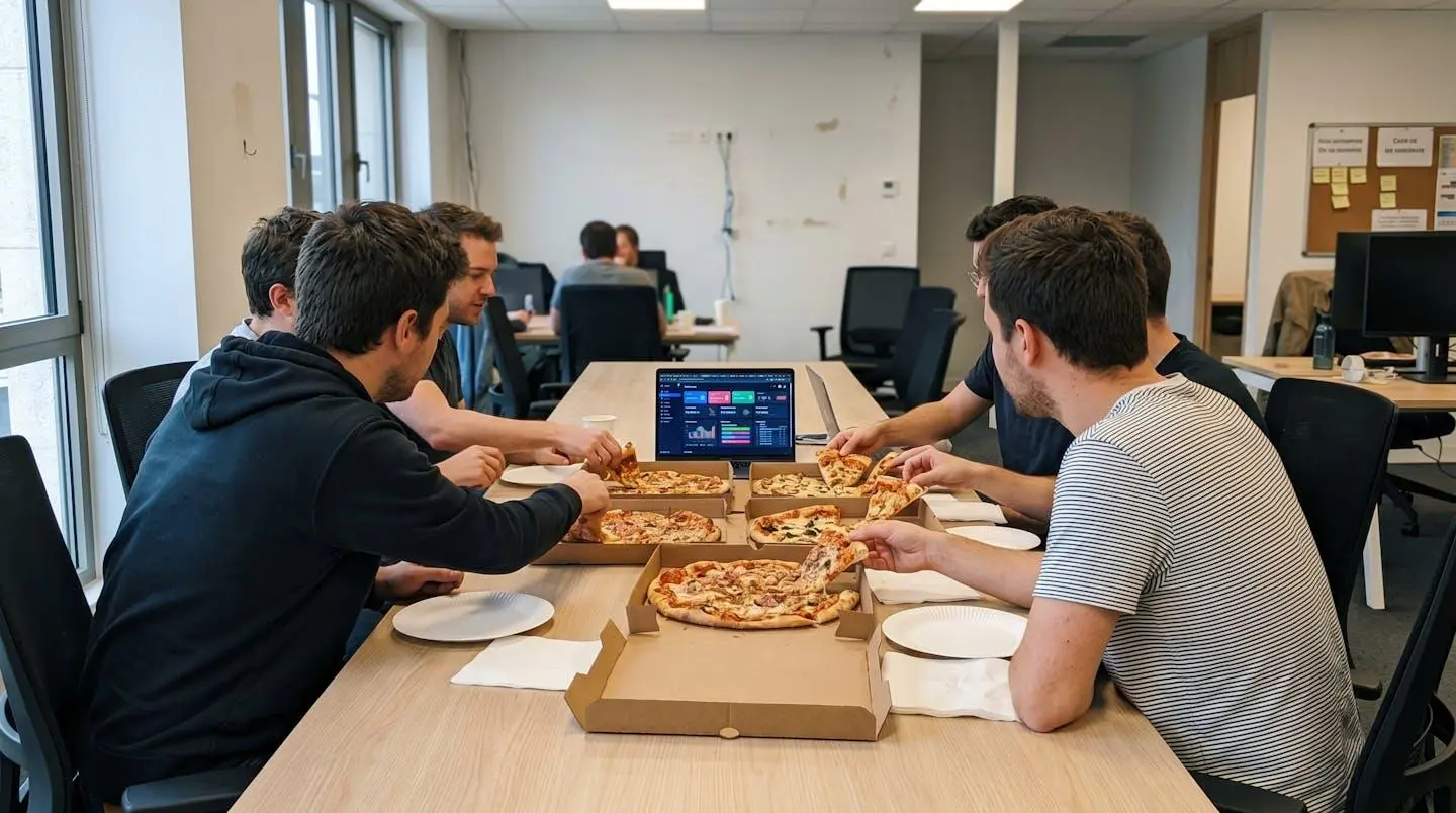Petite équipe de collègues partageant des pizzas autour d'une table de réunion dans un bureau moderne avec lumière naturelle