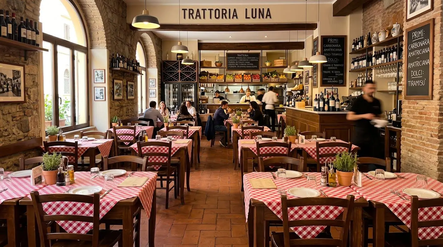 Intérieur chaleureux d'une trattoria italienne authentique avec nappes à carreaux rouges et blancs, chaises en bois et lumière naturelle