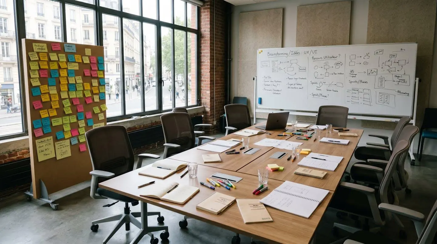 Salle de réunion aménagée pour un atelier créatif avec paperboard et matériel de brainstorming