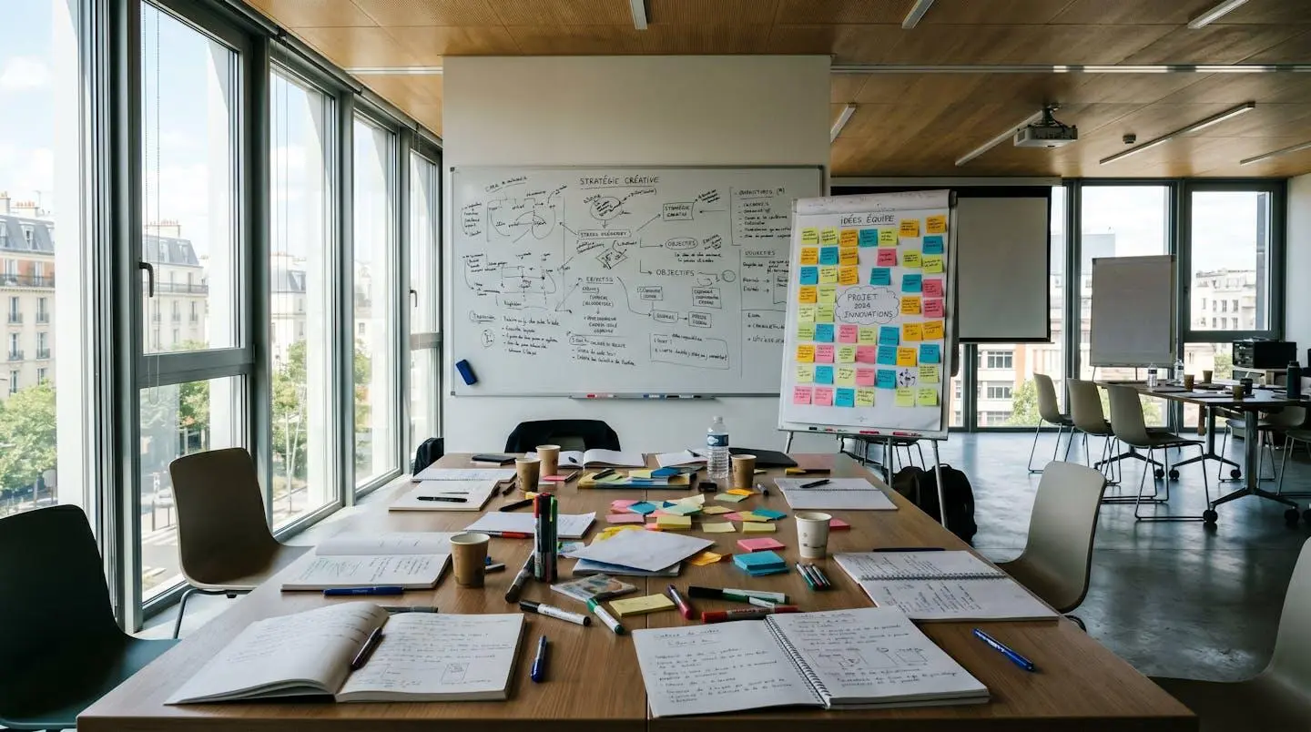 Salle de réunion aménagée pour un atelier créatif avec paperboard et matériel de brainstorming
