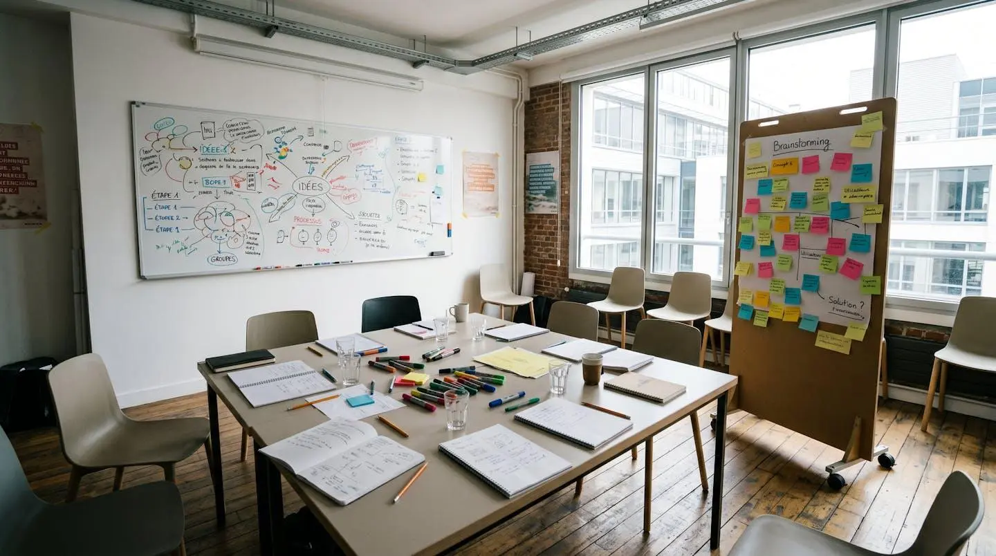 Salle de réunion aménagée pour un atelier créatif avec paperboard et matériel de brainstorming
