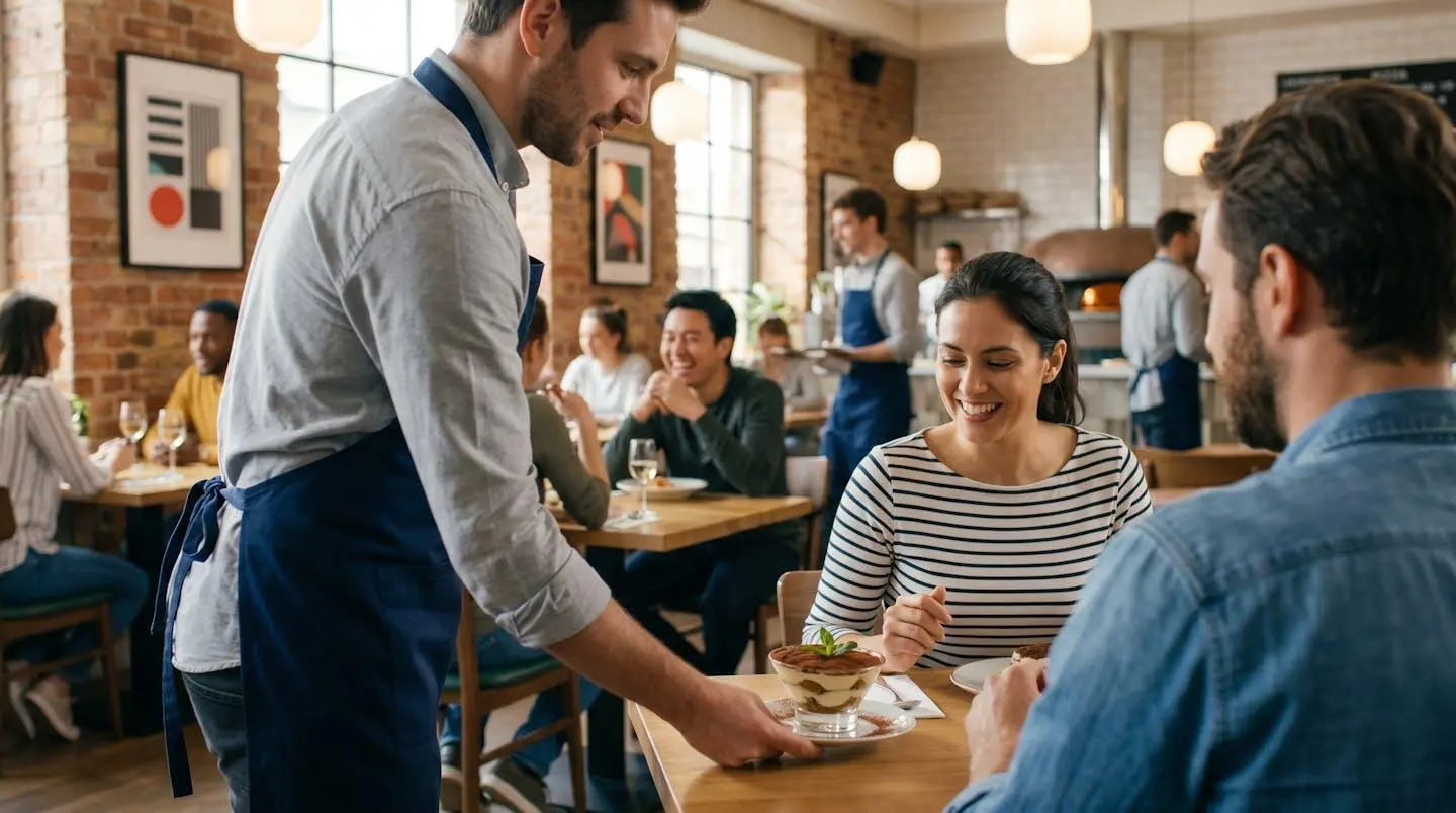 Vue par-dessus l'épaule de convives attablés dans un restaurant italien tandis qu'un serveur présente une assiette de tiramisu