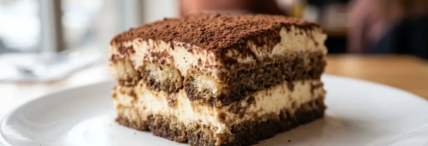 Gros plan sur une portion de tiramisu italien présentant des couches distinctes de crème au mascarpone et de biscuits imbibés de café, saupoudrée de cacao fin